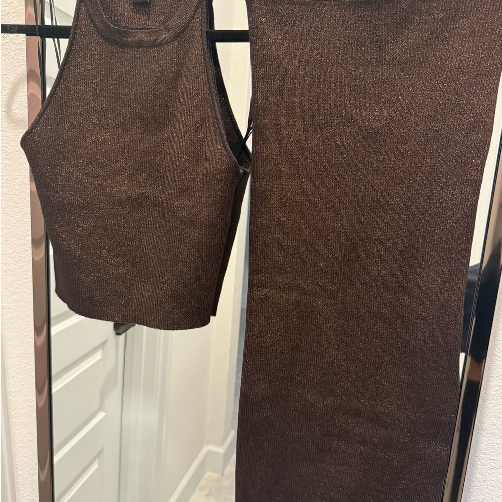 Brown Sleeveless Top and Skirt Set
